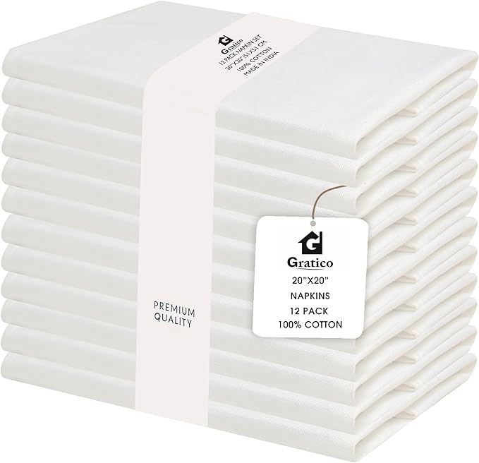 White Cloth Napkins Set of 12, Premium Soft Cotton Dinner Cloth Napkin 20X20 Inches,Highly Absorbent,Hotel Quality Reusable & Washable Napkins with Mitered Corner.