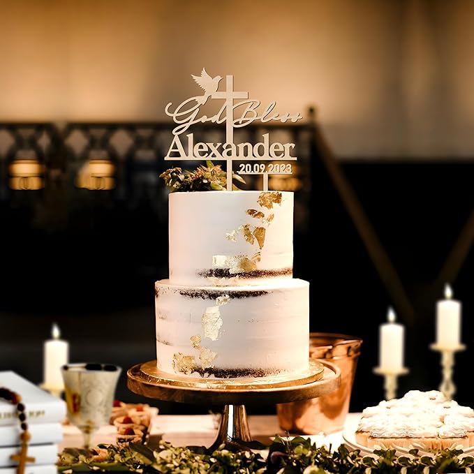 Personalized Baptism Cake Topper in Wood Custom Name God Bless Cake Topper Decoration (Design 03)