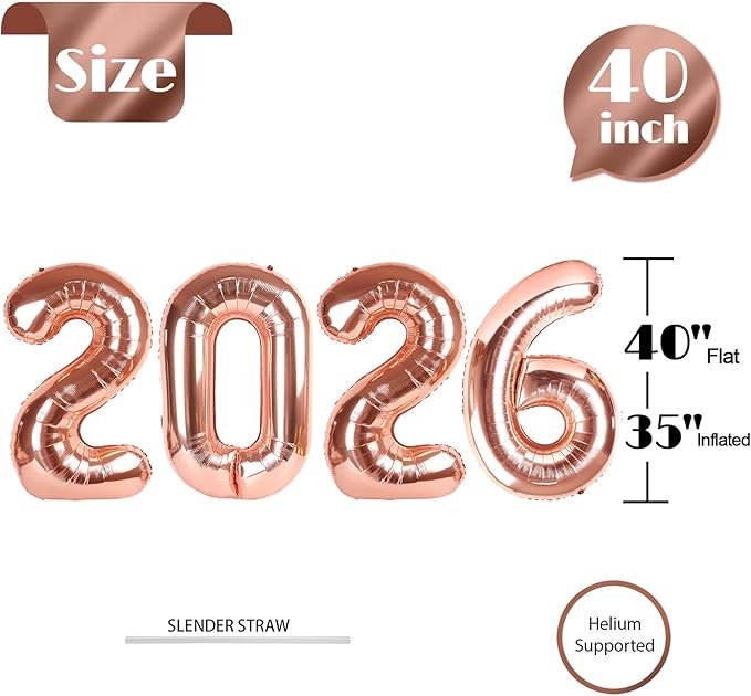 2026 Balloon Numbers - 40 Inch Rose Gold New Years Eve Party Supplies 2026, Nye Decor Party Decorations Happy New Year, New Years Eve Foil Party Balloons