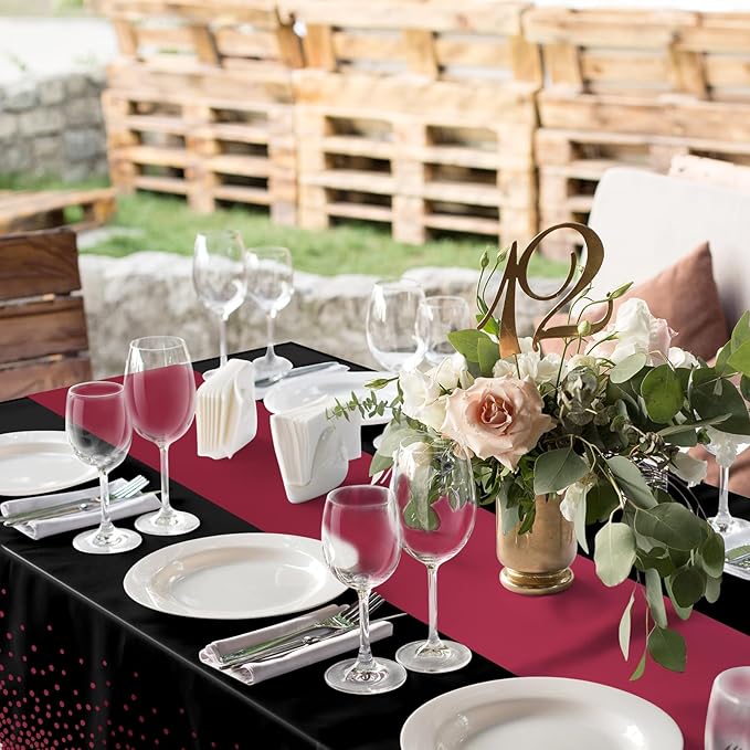3Pcs Black and Maroon Tablecloth Party Decorations,Plastic Black Table Cloth Printed Maroon Table Runner Disposable Rectangle Table Cover for Birthday Wedding Graduation Anniversary Party,54x108Inch