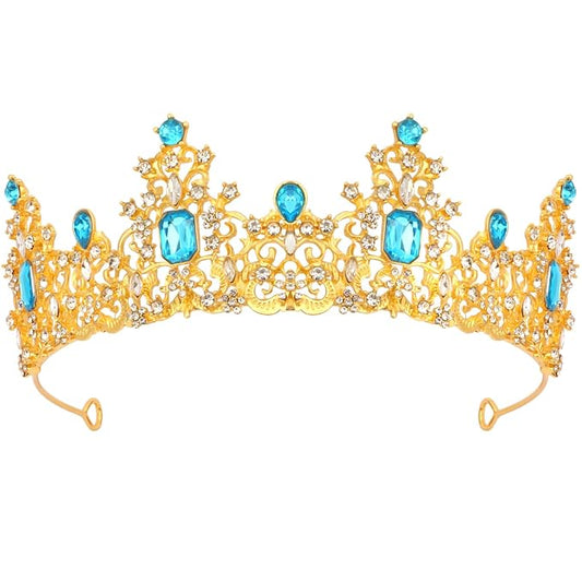 Didder Aqua Blue Gold Princess Crown Birthday Tiara Prom Queen Tiaras and Crowns for Women and Girls Halloween Costume Headpiece Hair Accessories
