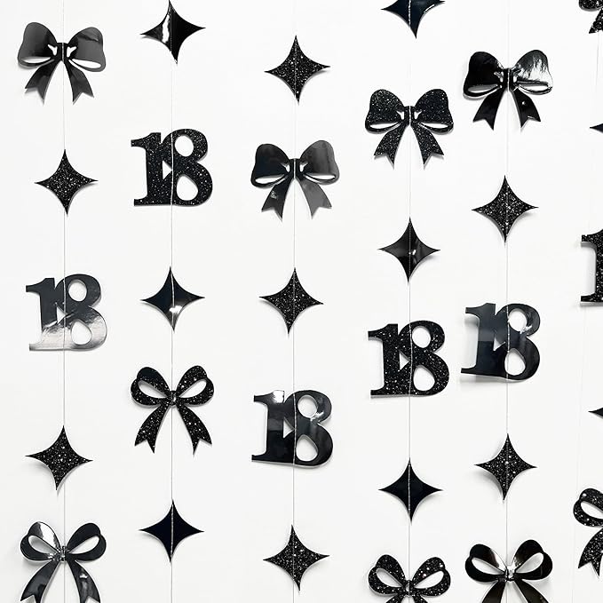 Black 18th Bow Birthday Decorations Glitter Conquette Bow Garland Streamer Banner Backdrop for Girls Boys Happy 18th Birthday Time to Adult Cheers to 18 Years Old Anniversary Party Supplies