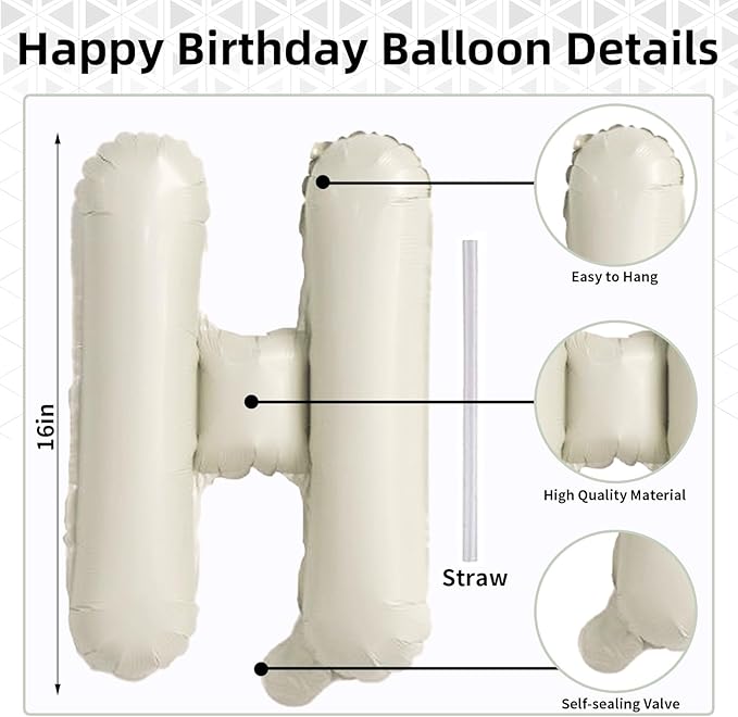 Cream Happy Birthday Balloon Banner, Neutral Beige Happy Birthday Foil Balloon, 16 Inch Ivory White Sand Born Day Bunting Banner Letter Balloons for Men Women Birth Party Decorations Supplies