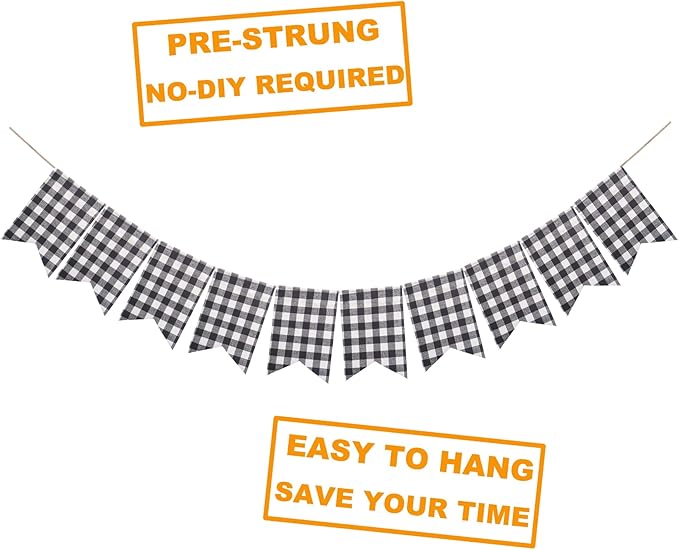 Buffalo Check Plaid Banner for Christmas Mantel Fireplace Decorations – Black and White Gingham Bunting Garland Baby Shower Birthday Party Supplies