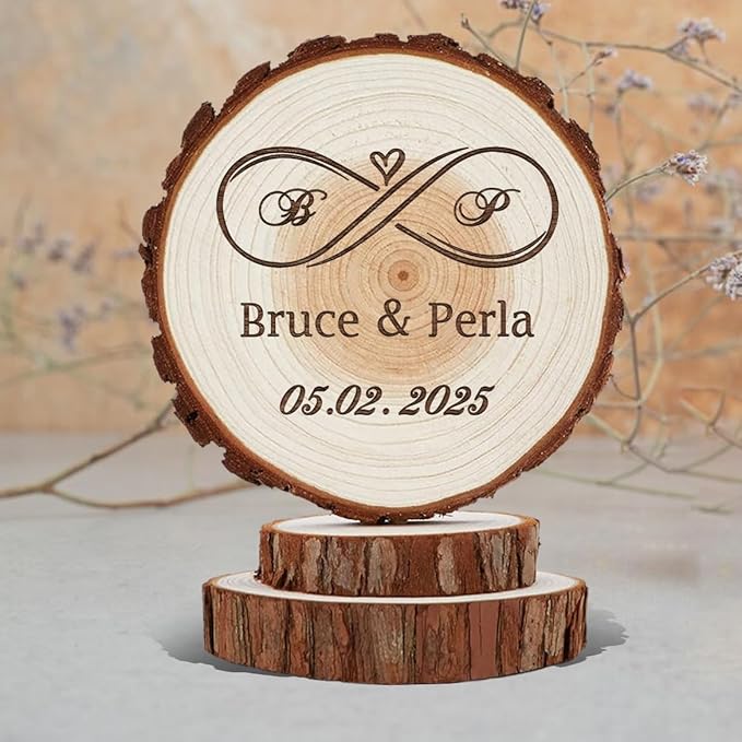 Rustic Wedding Cake Topper - Handmade Wood Slices, Personalized Infinity Love Cake Top, Personalized Engraved Initilas Names and Date, Anniversary Keepsake, Happy Birthday Wooden Decorations