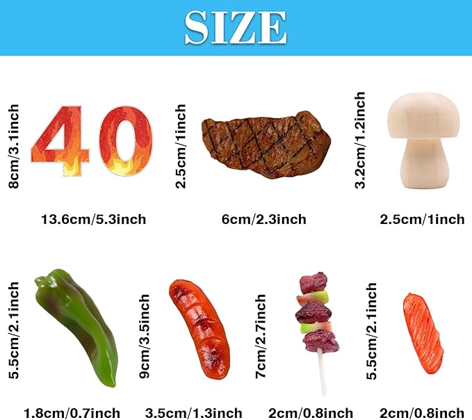 9 PCS BBQ Cake Topper Happy 40 Birthday Barbecue Decorations with Artificial Kebab and Hot Dog for Boys Girls Birthday Party Picnic Camping BBQ Theme Party Supplies