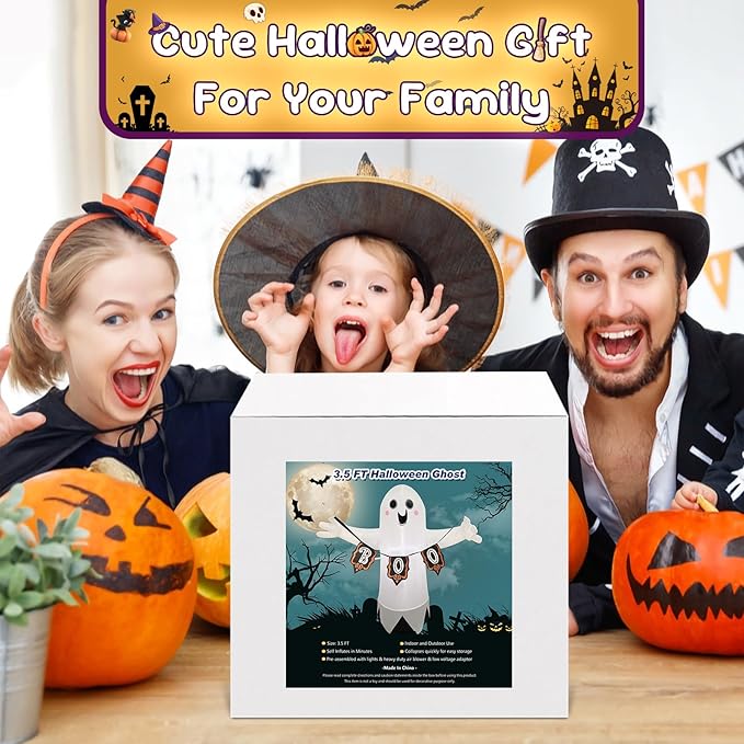 3.5FT White Ghost Halloween Inflatable Decor Halloween Blow Up Decor with LED Light Indoor Outdoor Graden Yard Party Holiday Decoration