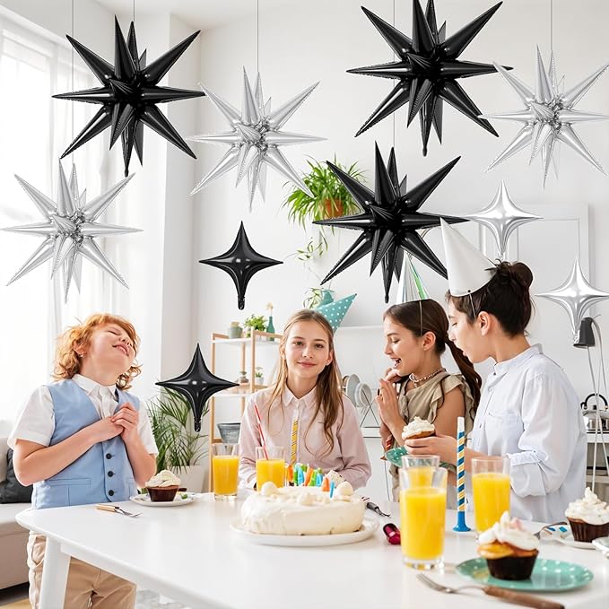 18 Pcs Black Silver Star Balloons, Silver and Black Balloon with 6 Pcs 22-Inch Explosion Star Balloons 12Pcs 10-Inch Four Pointed Stars Foil Balloon for Anniversary Birthday Party Decorations