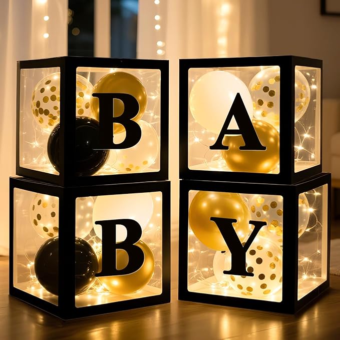 Ledido Baby Boxes with Letters for Baby Shower Decoration, 4 pcs Clear Balloon Boxes Blocks with LED Fairy String Lights 38 Balloons for Boy Girl Gender Reveal Birthday Party (Black)
