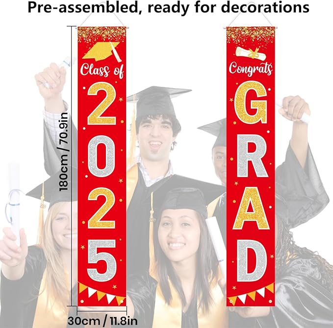 Graduation Decorations 2025 GRAD Banner Red Porch Door Sign Welcome Banner For Indoor Outdoor Wall Graduation Decorations Class of 2025
