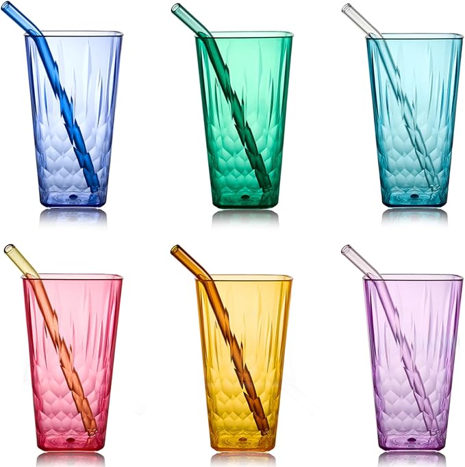 superplanet™ 20 oz Square Plastic Water Cups, Mixed colors (6-pack), unbreakable/BPA-free, with straw, stackable, reusable Acrylic Drinking Cups, suitable for iced tea, milkshakes, and cocktails