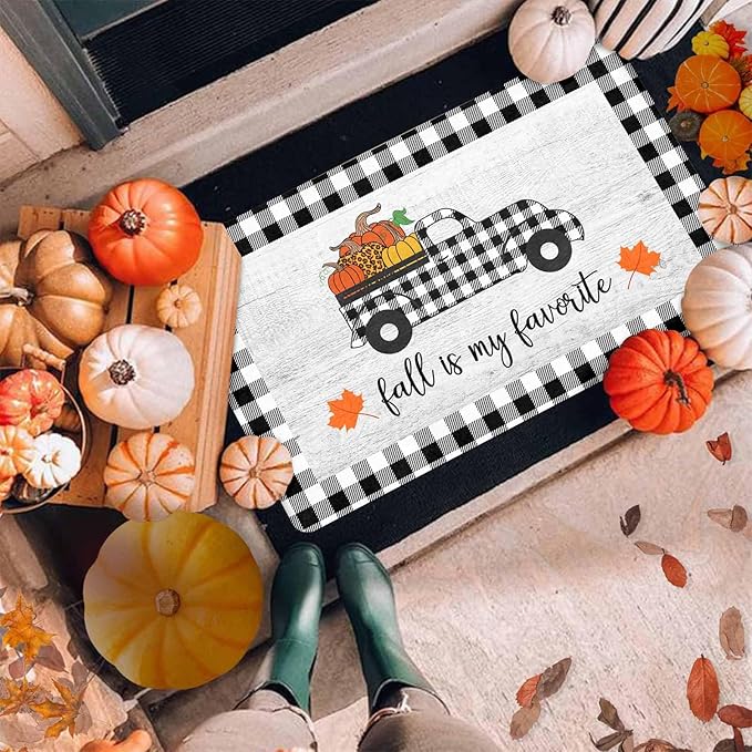 InterestPrint Thanksgiving Welcome Doormat, Fall Truck Harvest Pumpkin Doormat for Front Door Outdoor Outside Entrance Porch Non Slip Rubber Rug Autumn Thanksgiving Farmhouse Decor