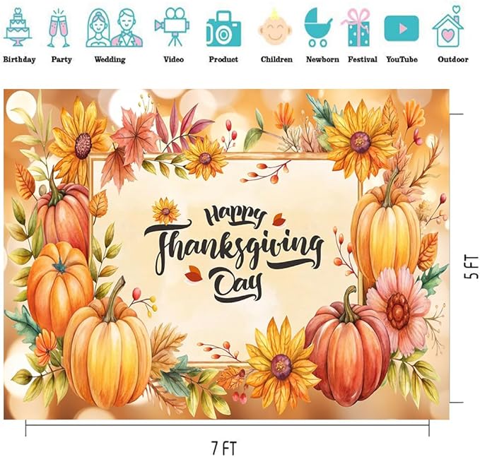 CYLYH 7X5FT Fall Backdrop with Pumpkin Thanksgiving Day Backdrop for Photography Party Decoration Banner