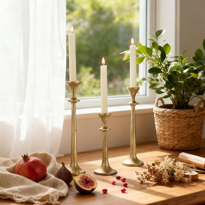 Gold Taper Candle Holders Set of 3 Heavy Cast Iron Antique Brass Candlestick Holder for Table Centerpiece Vintage Decorative Candelabra for Home Decor Fireplace Wedding Holiday Christmas Halloween