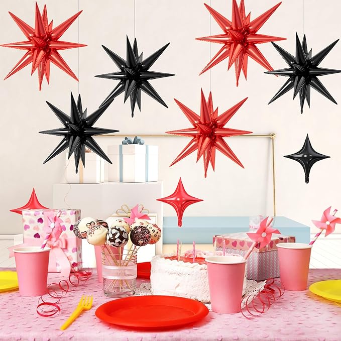 18 Pcs Black Red Star Balloons, Red and Black Balloon with 6 Pcs 22-Inch Explosion Star Balloons 12Pcs 10-Inch Four Pointed Stars Foil Balloon for Anniversary Disco Birthday Party Decorations