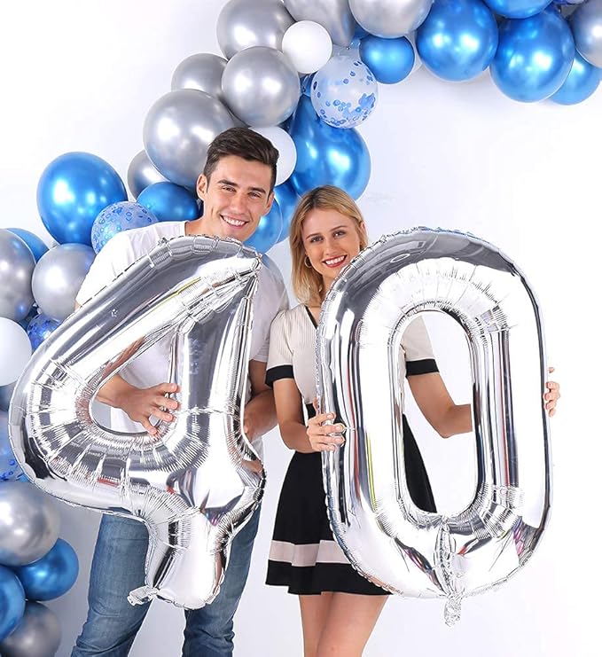 Silver 40 Number Balloons Big Giant Jumbo Large Number 40 Foil Mylar Balloons for Women Men 40th Birthday Party Supplies 40 Anniversary Events Decoration