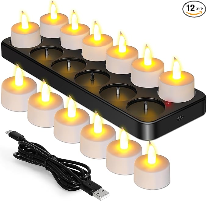 Esup Rechargeable Tea Lights Rechargeable Candles Flameless Flickering Candles Tealights 12pcs/Set with Black Charging Base, Decoration Parties, Weddings, Bar, Family, Dinner Outdoor Picnic ﻿