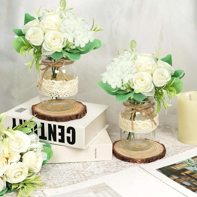 Set 6 Mason Jar Table Centerpiece - Wedding Centerpieces for Tables, Mason Jar Flower Centerpiece Vases Decor- Boho Farmhouse Rustic for Engagement, Bridal Shower, Wedding, Versatile Decor (White)