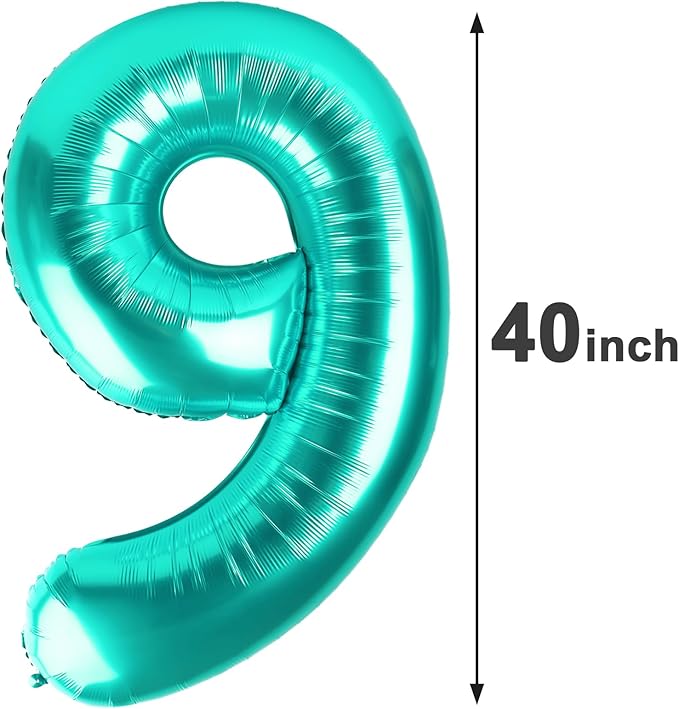 40 Inch Big Teal Blue 9 Balloon Number, Jumbo Giant Happy 9th 19 29 39 49 99 Birthday Party Decorations, Teal Blue Large Nine Mylar Foil Anniversary Birthday Party Engagement Decorations