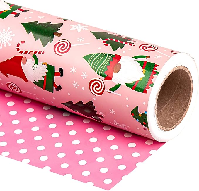 WRAPAHOLIC Reversible Gnome Christmas Wrapping Paper - Mini Roll - 17 Inch x 33 Feet - RRed Green Gnome Wrapping Paper and Pink White Polka Dots for Christmas, Holiday, Party