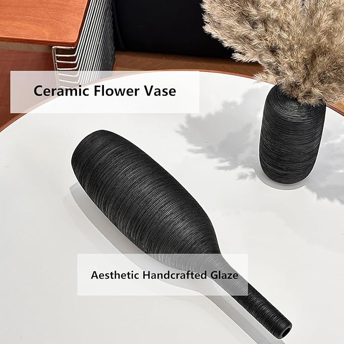 Ceramic Vase Set of 3 Flower Vases Home Decor Modern Boho Rustic Farmhouse Large Decorative Aesthetic Minimalist Matte Vases for Centerpieces Living Room Table Shelf (Black)