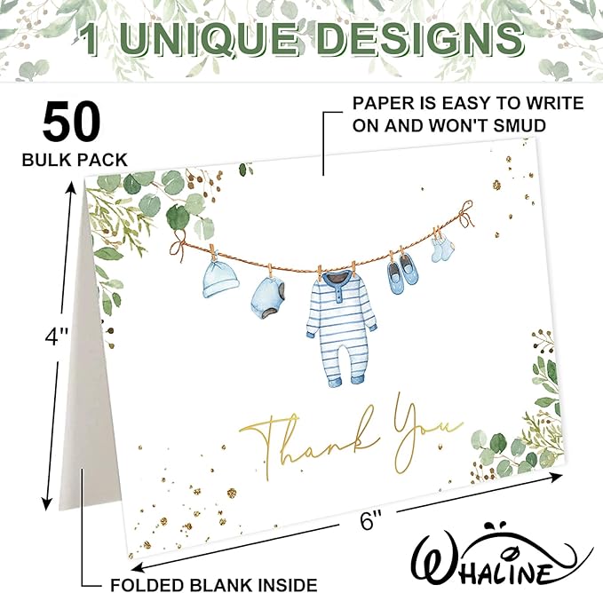 Whaline 50 Pack Baby Shower Thank You Cards Boxed Blue Cloth Note Card with Envelopes Stickers Greeting Blank Cards for Boy Birthday Baby Shower