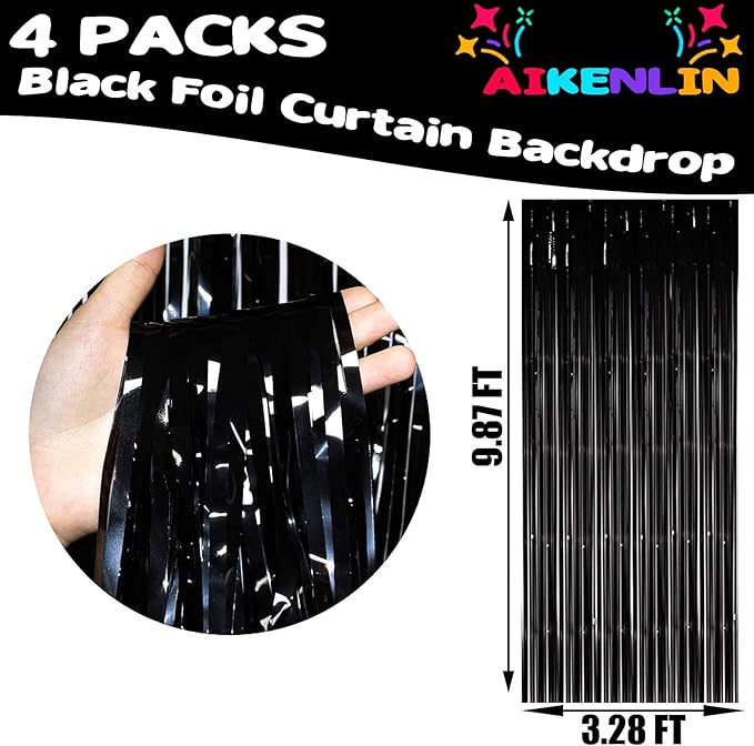 4 Pack Black Foil Fringe Curtain Backdrop, 3.2Ft x 9.8Ft Metallic Tinsel Foil Fringe Streamers Curtains for Party, Photo Booth Props, Birthday, Wedding, Christmas Party Decoration Supplies