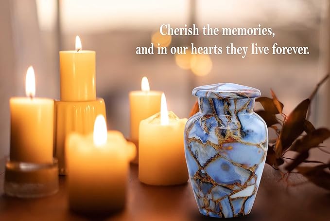 Small Keepsake Cremation Urns for Human Ashes - Marble Finish Metal Keepsake Urn - Mini Cremation Urn for Pet Ashes - Handcrafted Memorial Urn - Funeral Urns with Velvet Bag (Luxury Blue)
