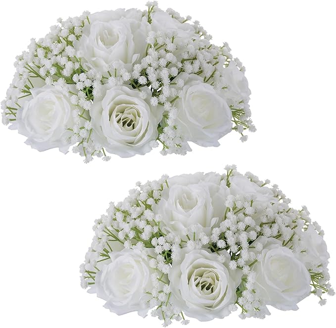 BLOSMON Babys Breath Artificial Flowers: 2 Pcs White Rose Babys Breath Fake Flower Balls Centerpieces for Wedding Table - Faux Silk Kissing Floral Arrangements for Home Party Event Decoration