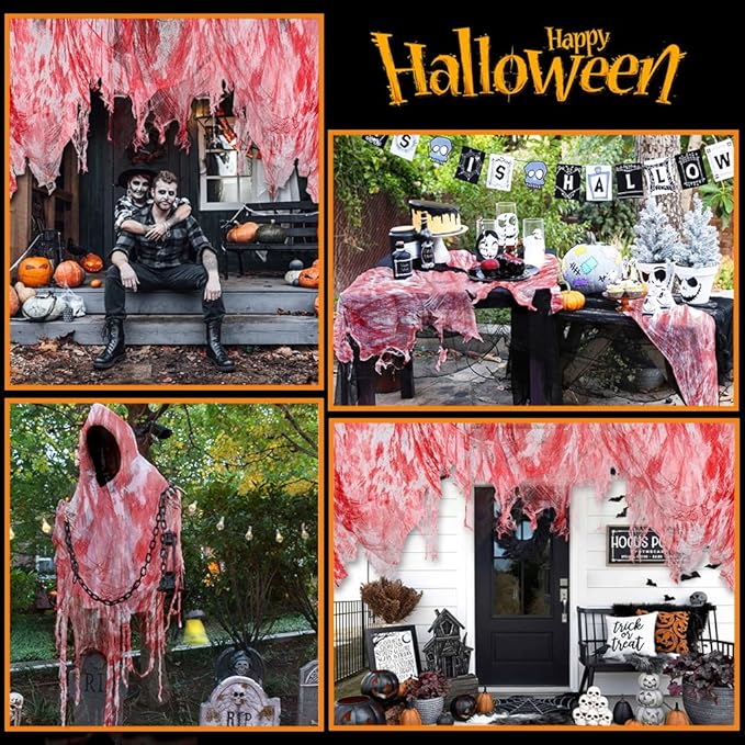 400" x 85" Halloween Creepy Cloth Decoration, Large Bloody Spooky Fabric Cloth Halloween Scary Gauze Cheesecloth for Haunted House Halloween Party Yard Wall Indoor Outdoor Decor