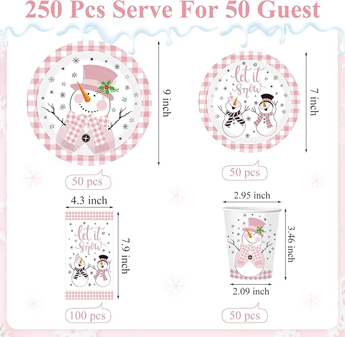 250 Pcs Christmas Snowman Paper Plates and Napkins Party Supplies Pink White Buffalo Plaid Winter Disposable Tableware Set for Christmas Winter Holiday Xmas Party Decoration