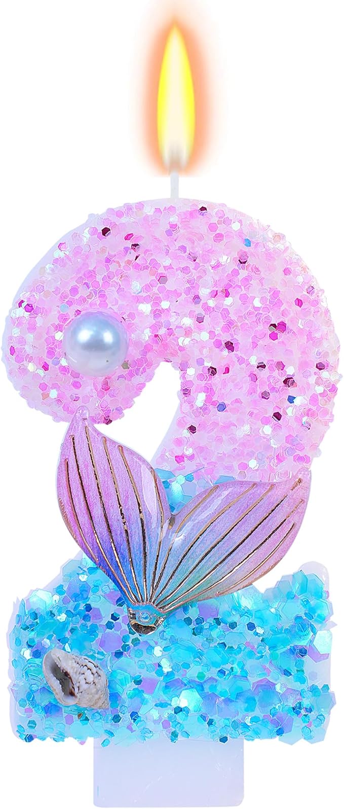 Mermaid Themed Birthday Candles, Number 2 Girls Glitter Birthday Party Supplies,Anniversary Party Decor,2.87 inch Cake Topper Decorations (Mermaid Themed, Number 2)