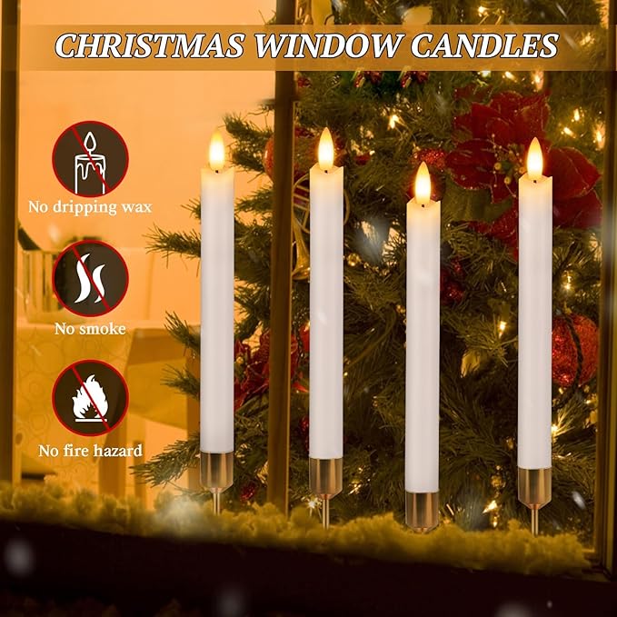 Flameless Candles with Remote: 8 Pack Battery Operated Window Candles 9.6" Real Wax LED Flickering Flameless Taper Candles 3D Wick Lights Halloween Christmas Wedding Birthday Party Decorations (White)