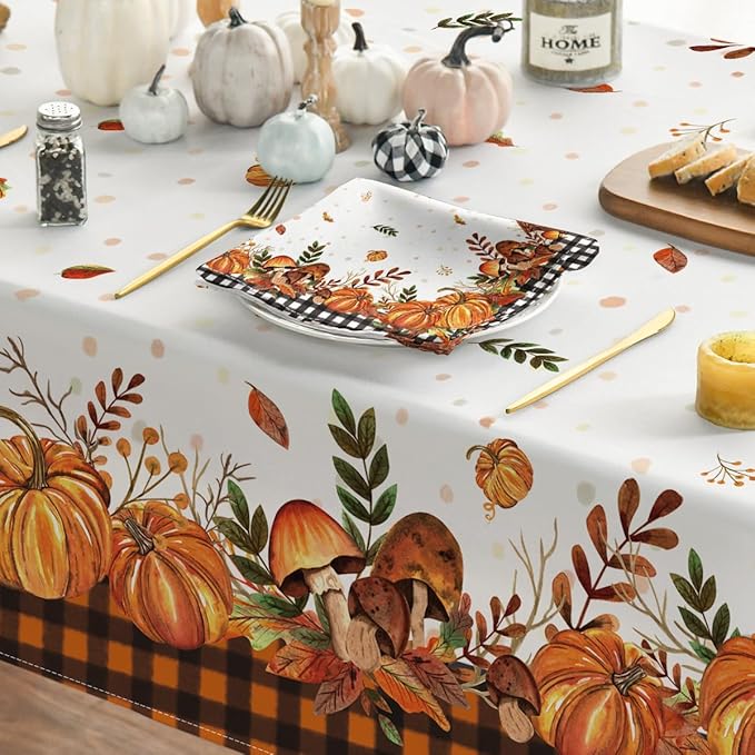 Horaldaily Fall Tablecloth 52x70 Inch Rectangular, Thanksgiving Autumn Harvest Pumpkin Mushroom Orange Buffalo Plaid Table Cover for Party Picnic Dinner Decor