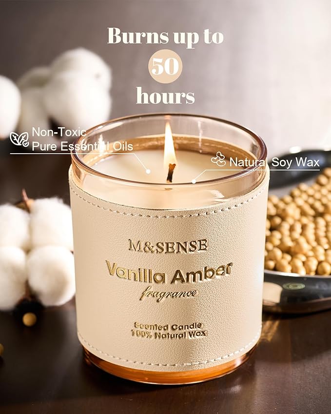 M&SENSE Vanilla Amber Scented Candles-Vegan Soy Wax, No Toxin 10oz 42-Hour Long Burning Time,Winter Cozy Relaxing Fall Calming Candle for Bathtub & Sleep, Housewarming Thanksgiving Christmas Gift