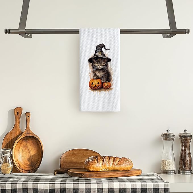 TNUW Black Cat Halloween Kitchen Towels 16x24 Inch, Black Cat Mom Lovers Gifts Dish Tea Towels for Kitchen, Halloween Spooky Pumpkin Witchy Kitten Decorative Hand Towel for Bathroom Decor