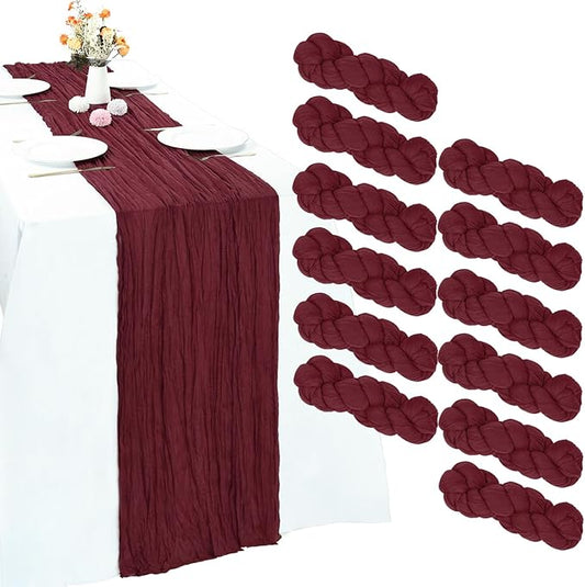 12 Pack Burgundy Cheesecloth Table Runner 10FT Boho Gauze Cheese Cloth Fabric 35 x 120 Inch Rustic Sheer for Christmas Fall Thanksgiving Centerpiece Wedding Decor Baby Shower Party Decoration