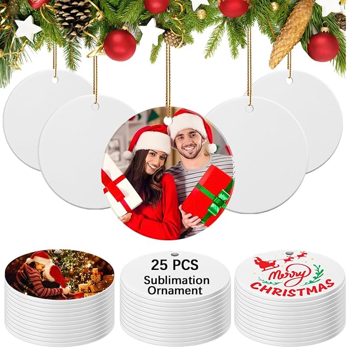 25 Pack Ceramic Sublimation Ornament Blank 3 inch Round Crafting DIY Personalized Printed Christmas Decorations Home Bulk White Porcelain Xmas Tree Crafts Decor