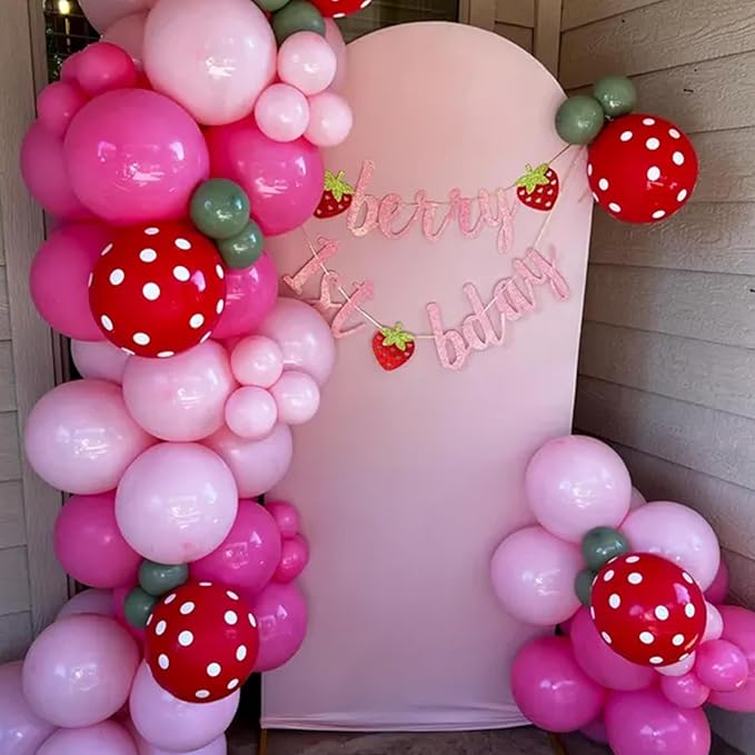 Strawberry Balloons Garland Arch Kit - Hot Pink, Red & Pastel Polka Dot Balloons for Girls' Berry Themed Birthday or Baby Shower Party Decorations