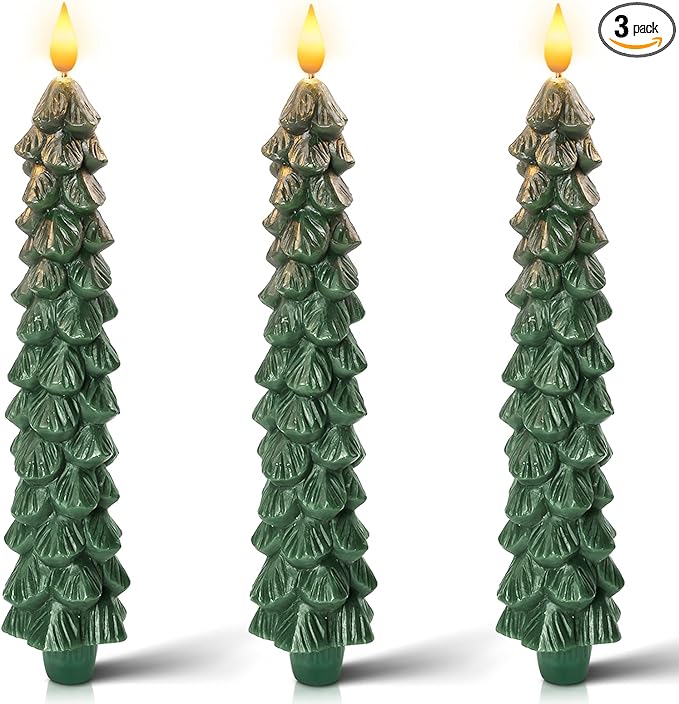 Homemory 3 PCS Flameless Taper Candles with 6-Hours Timer, 9.5 Inches Christmas Tree Candlesticks, Real Wax Battery Operated Window Candles with 3D Flickering Flame for Fireplace Christmas