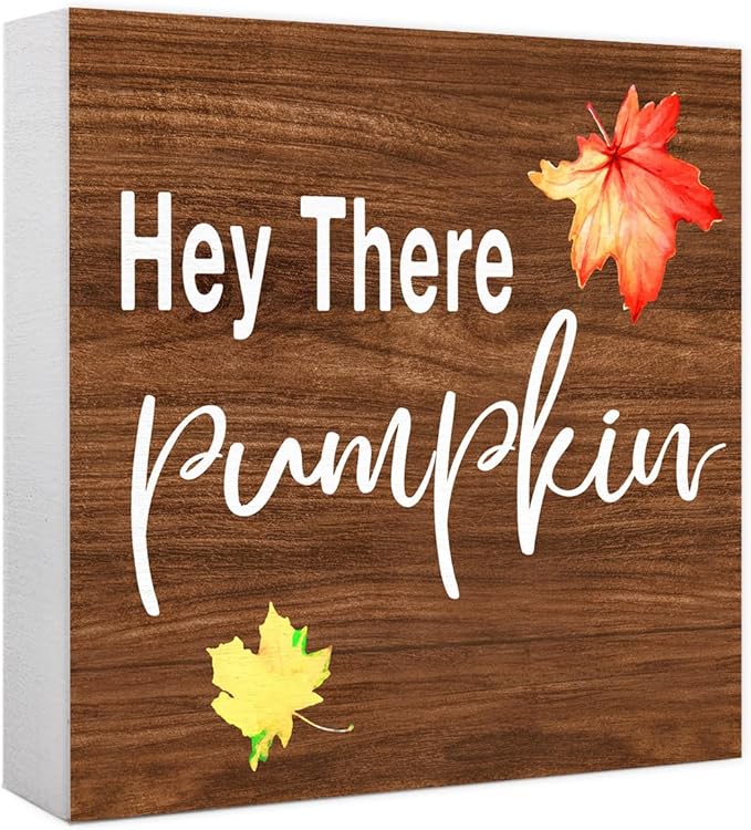 Funny Autumn Wood Box Sign Hey There Pimpkin Wooden Block Desk Decor for Home Office Kitchen Cubicle Table Shelf Tabletop,Farmhouse Fall Sign Decor