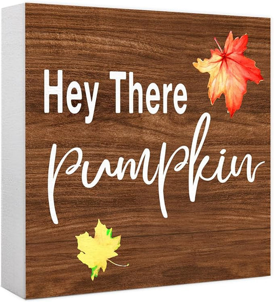 Funny Autumn Wood Box Sign Hey There Pimpkin Wooden Block Desk Decor for Home Office Kitchen Cubicle Table Shelf Tabletop,Farmhouse Fall Sign Decor