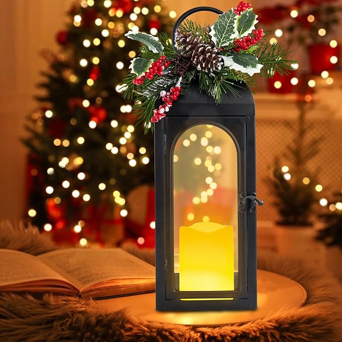 Christmas Lanterns Decorative Indoor, Christmas Lantern Outdoor with Timer, 16 Inch Decorative Candle Lanterns Flameless Light with Floral and Greenery for Table Centerpieces,Home, Porch Decor