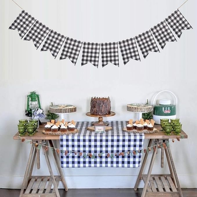 Buffalo Check Plaid Banner for Christmas Mantel Fireplace Decorations – Black and White Gingham Bunting Garland Baby Shower Birthday Party Supplies