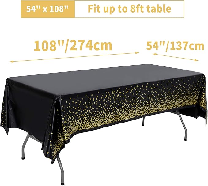 108"x54" 4 Packs Black and Gold Disposable Party Tablecloth for Rectangle Table, Gold Stamping Dot Confetti Rectangular Plastic Table Cover, for Graduation, Birthday, New Year Eve 2025