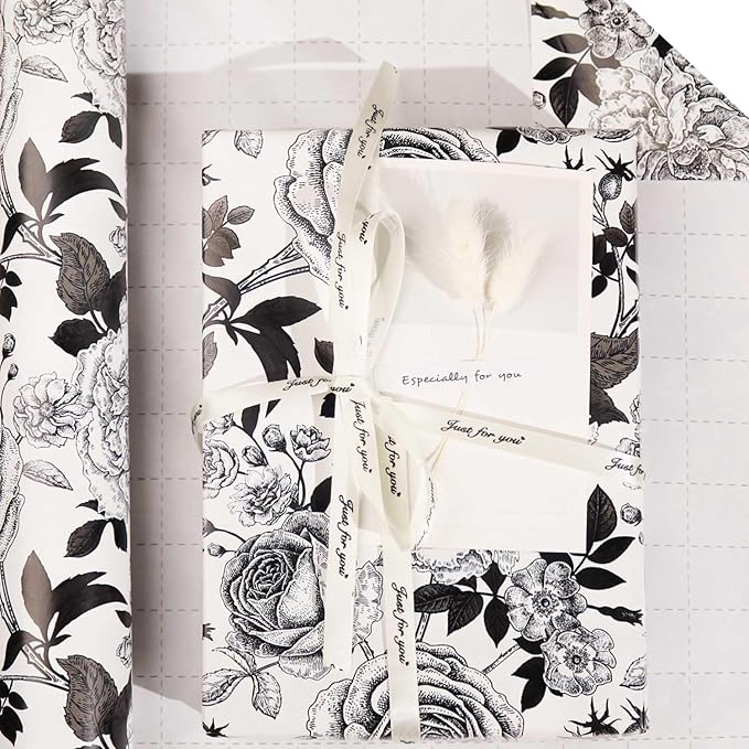 YXTII Black and White Wrapping Paper with Cut Lines, Flower Gift Wrap for Birthday, Wedding, Baby Shower, Valentines, Christmas, Bridal Shower, 17 Inches x 9.8 Feet, Mini Roll