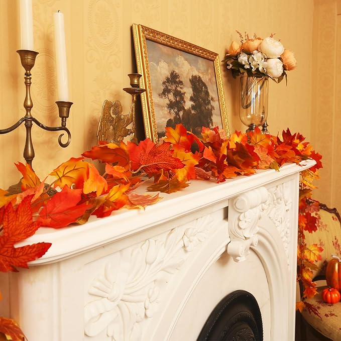 Joyhalo 6 Pack Fall Garland, Autumn Leaves Garland for Mantle Indoor Outdoor Fall Decorations for Home,Hanging Maple Leaf Foliage Vines for Fireplace, Front Door, Porch and Thanksgiving Decor