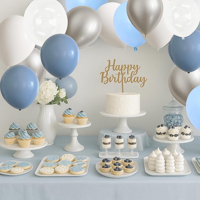 Dusty Blue and White Silver Balloons Bachelorette Party Decorations- 35Pcs 12in Baby Blue, White, Clear, Diamond Silver Latex Baloons for Bachelorette, Baby Shower Boy Party Décor
