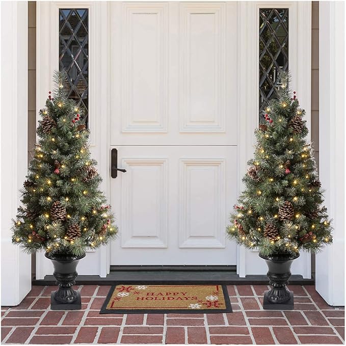 Glitzhome 4ft Christmas Tree,Pre-Lit Artificial Small Christmas Tree for Entrance Flocked Potted Tree with 100 Warm White Lights,224 Pine Needle&PVC Branch Tips,Pinecones&Berries for Porch Xmas Decor
