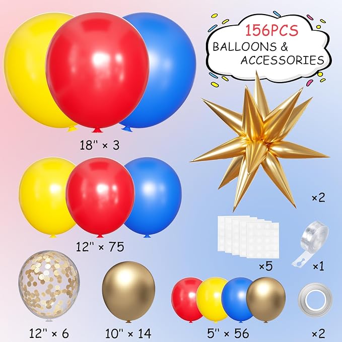 Blue Yellow Red and Gold Balloon Arch Kit, 156Pcs Latex Baloons Garland with 4D Star Balloons for Baby Shower Anniversary Birthday Wedding Graduation Office Party
